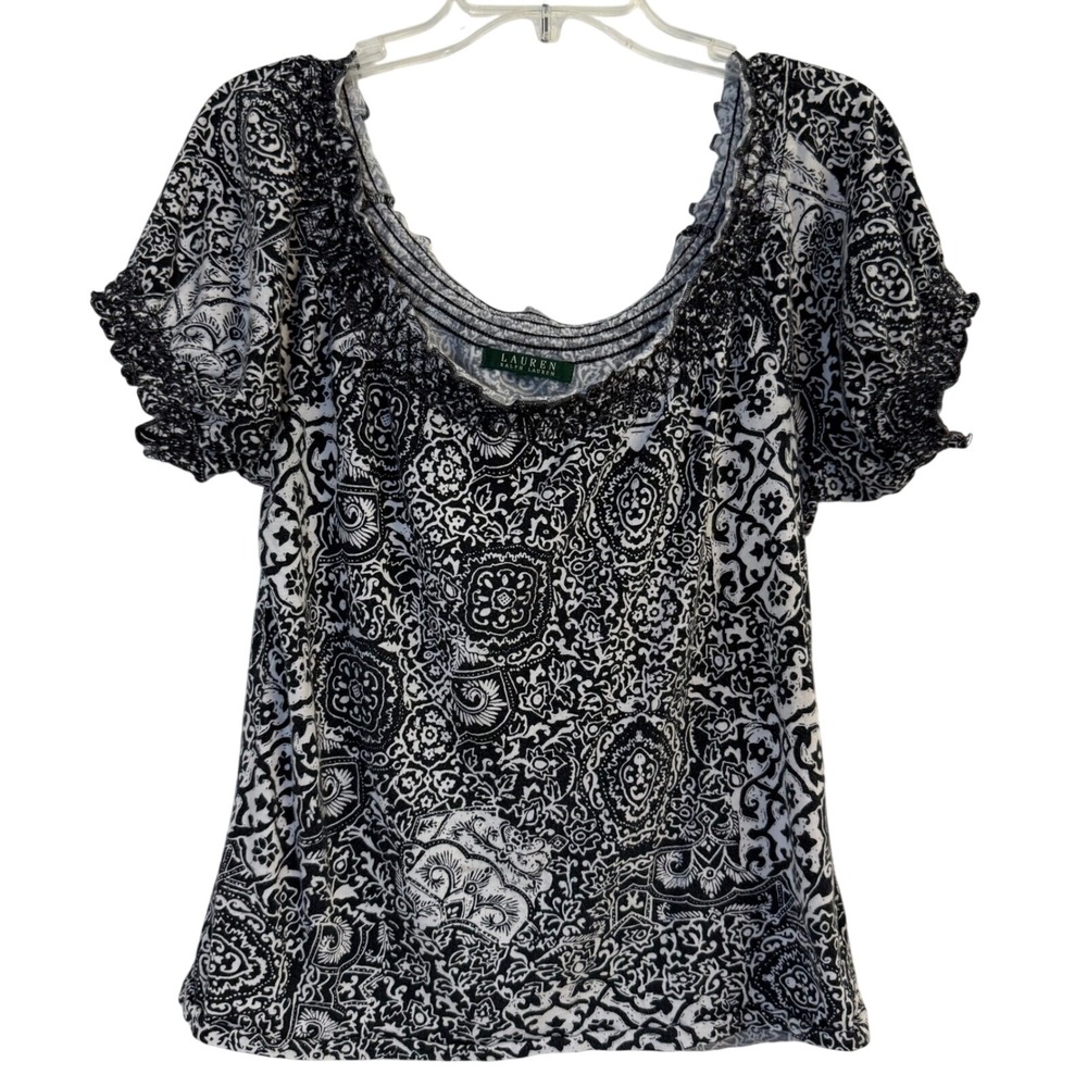 Lauren Ralph Lauren‎ Peasant Blouse Black White Paisley Boho Cottagecore M